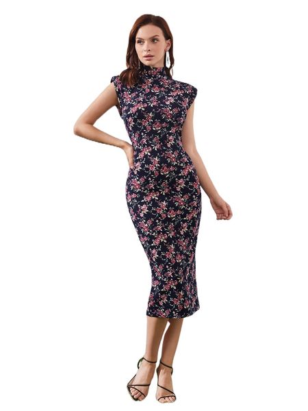 

floral print shoulder pad split back dress h5tt#, Black;gray