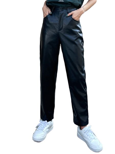 

dazy high waist pu leather pants o6go#, Black;white