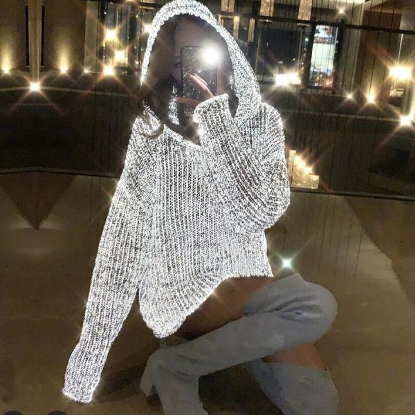 

women's sweaters women's sweater korean fashion hip hop oversized femme hollow reflective pullover loose thin knitted hooded, White;black