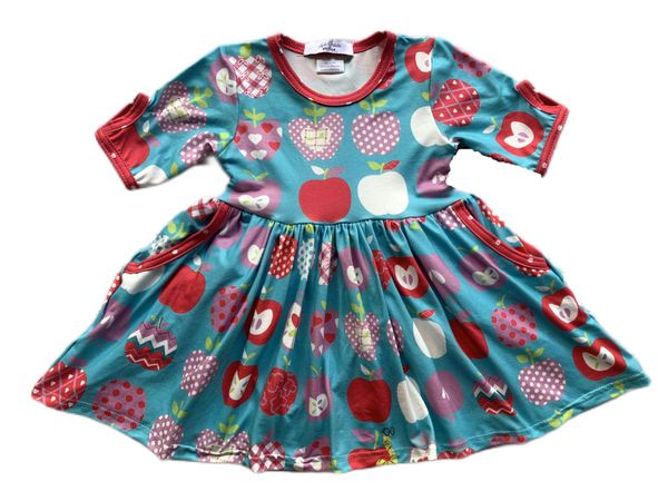

causal style baby girls dress short sleeve apples printing for cute kids clothes toddler children outfits boutique, Red;yellow