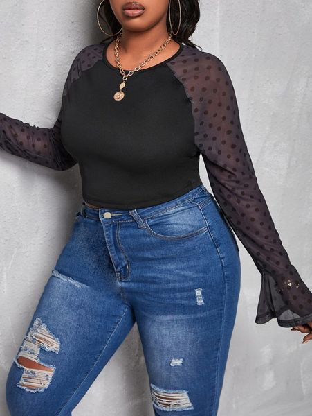 

sxy plus polka dot flounce sleeve h3dq#, Black