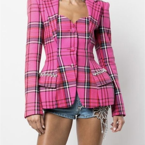 

twotwinstyle high street plaid blazers for women notched loose long sleeve single breasted coats female autumn clothing 220705, White;black