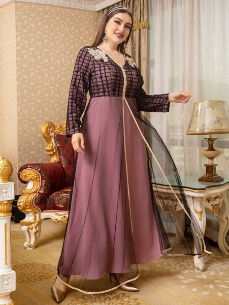 

plus floral embroidery contrast trim grid mesh maxi dress e442#, Black