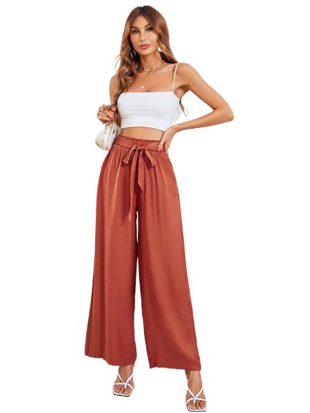 

solid belted wide leg pants f16r#, Black;white