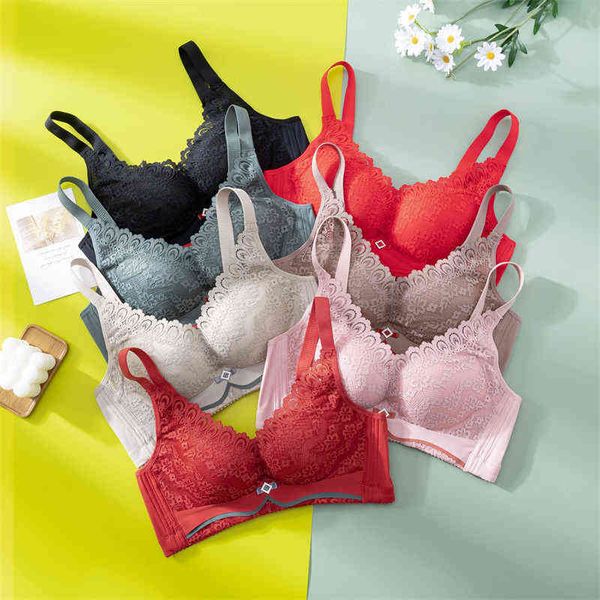 

rimless bra medium thick cup collection of extra breast small breast underwear autumn and winter new anti sleeping l220726, Red;black