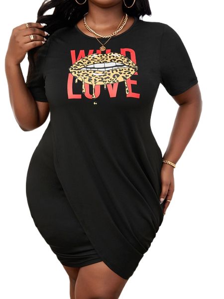 

plus lip & letter graphic ruched wrap bodycon dress n2ty#, Black