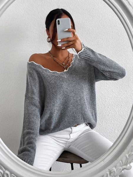 

drop shoulder scallop trim sweater 03o7#, White;black