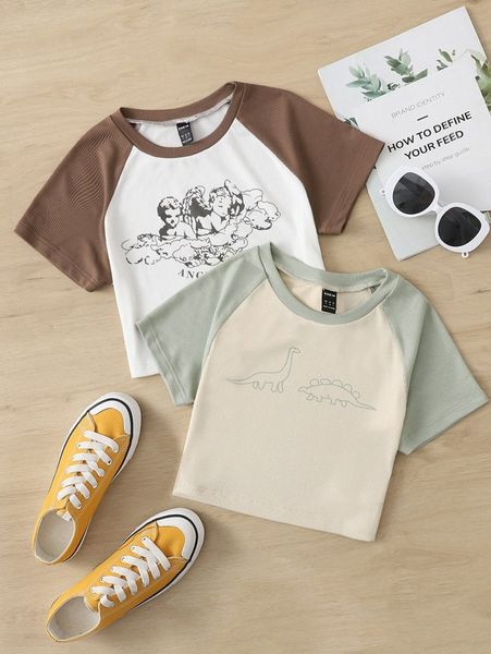 

2pcs angel & dinosaur print color block raglan sleeve crop tee b2ac#, White