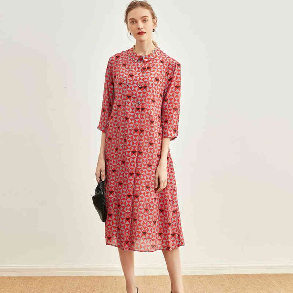 

geometric printed silk dress lady temperament doll collar mulberry skirt, Black;gray