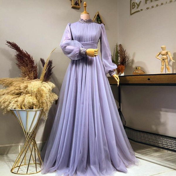 Lavanda Dubai A-Line High Night Night Night Vestidos Muçulmanos 2022 Vintage Tule Longo Mangas Formal Prom Festa Vestidos Plus Size