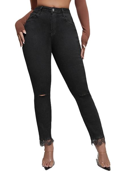 

sxy ripped floral lace trim jeans 25fm#, Blue