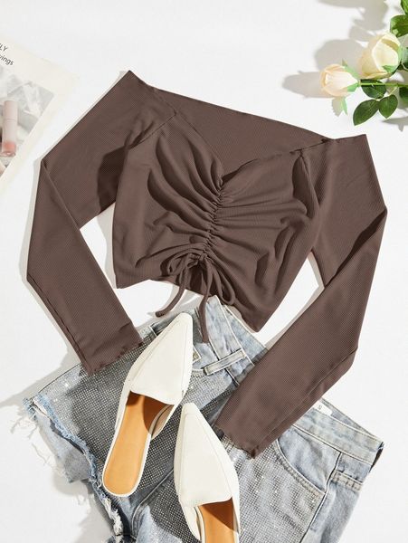 

ribbed knit drawstring front tee n7hx#, White