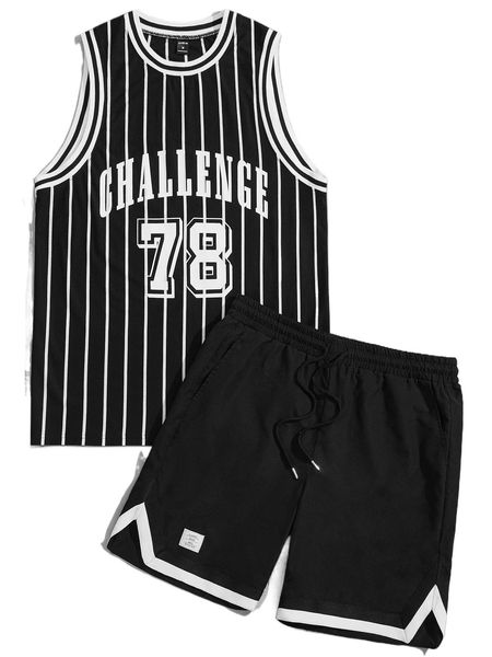 

men striped letter graphic jersey tank & shorts set s9x2#, Gray