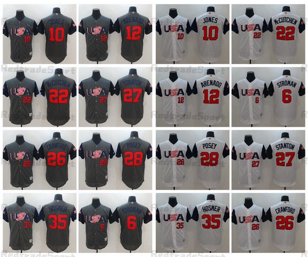 Camisas masculinas de beisebol da equipe mundial 28 Buster Posey 12 Nolan Arenado 6 Marcus Stroman 26 Brandon Crawford 35 Hosmer 22 McCutchen 10 Adam Jones 27 Stanton Grey Jersey