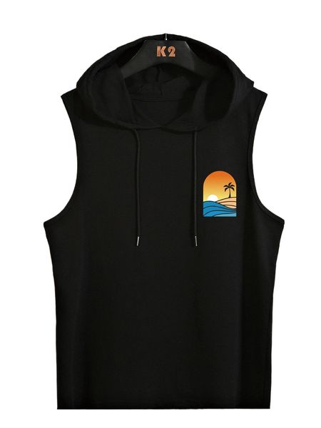 

men tropical print drawstring hooded tank h1zz#, White;black