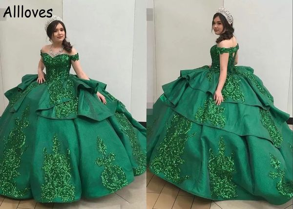 

stunning dark green quinceanera dresses off the shoulder shiny sequined lace appliqued princess prom ball gown tiered plus size sweet 16 dre, Blue;red