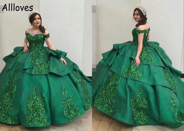 Deslumbrante verde escuro Quinceanera vestidos sexy fora do ombro, lacta brilhante e lacta de lante