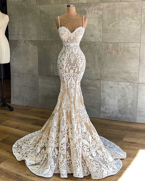 

100%real image mermiad wedding dresses full lace beach wedding gowns bridal spaghetti straps robe de mariÃ©e custom made, White