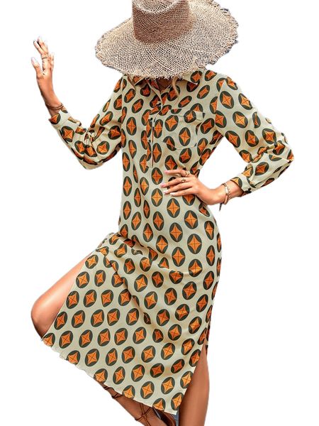 

geo print split hem patched pocket shirt dress without belt d72c#, Black;gray