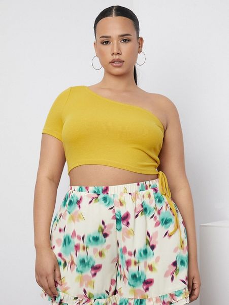 

plus one shoulder drawstring crop 176m#, Black