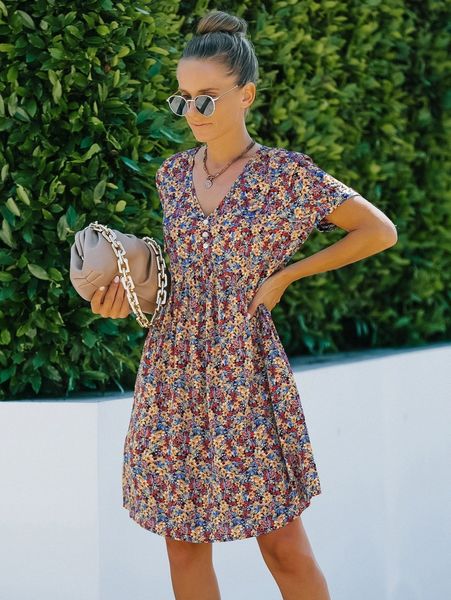 

ditsy floral fake button smock dress y8xw#, Black;gray