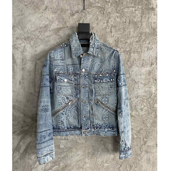 

high street tide brand designer denim jacket ami22r classic cashew flower print jackets couple, Black;brown