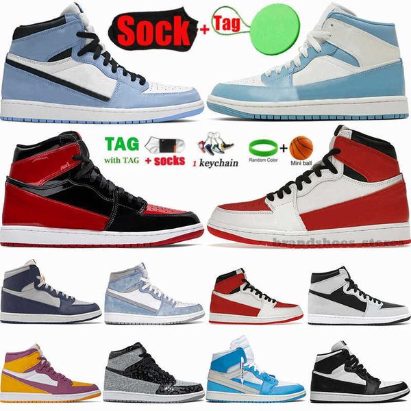 

mid university blue 1 basketball shoes 1s for mens womens oreo patent bred stage haze hyper royal mint college grey vintage sports sneakers, Black