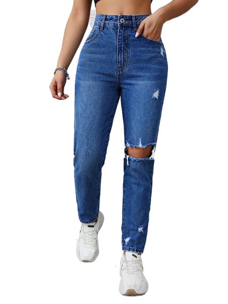 

r.ipped cut out t.apered j.eans j6wd#, Blue