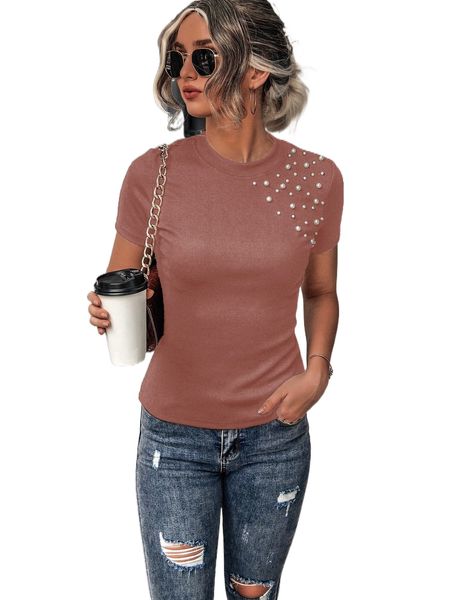 

pearls beaded rib-knit round neck tee o5tp#, White