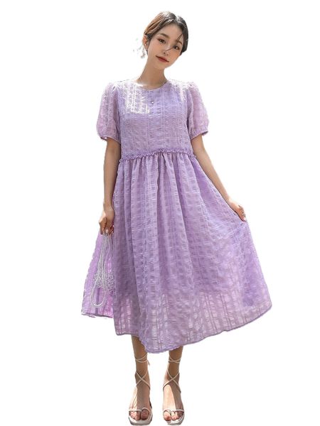 

dazy puff sleeve frill trim smock dress 68uf#, Black;gray