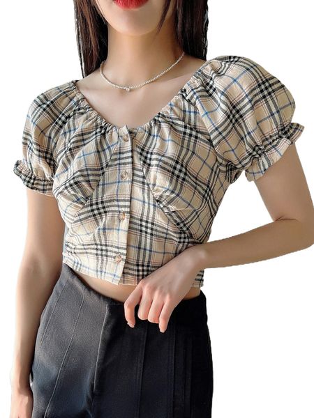 

dazy plaid print puff sleeve crop blouse f562#, White