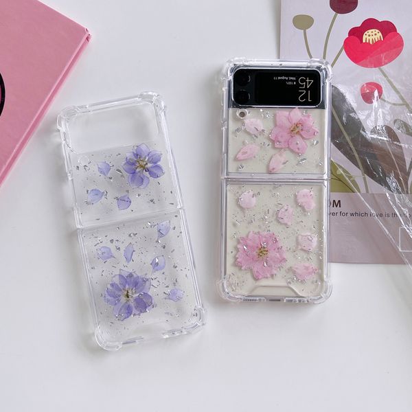 Caixa de telefone dobr￡vel de flores secas de glitter ep￳xi para Samsung Galaxy Z flip 3 Z flip4 5g tampa de tpu acr￭lica transparente