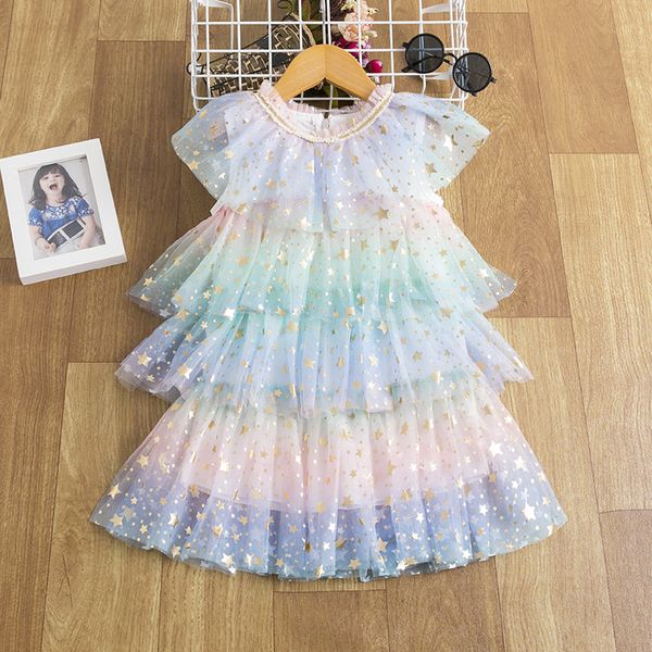 Sommer Baby Mädchen Kleider Regenbogen Stern Organza Spitze Ärmellose Kinder Prinzessin Rock Kinder Kleid Kleidung 39dx E3