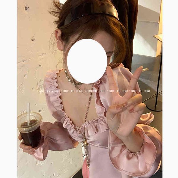 

women's blouses & shirts [sweet moonlight]pink women's design short trumpet sleeve french square collar collarbone satin shirt a2l, White