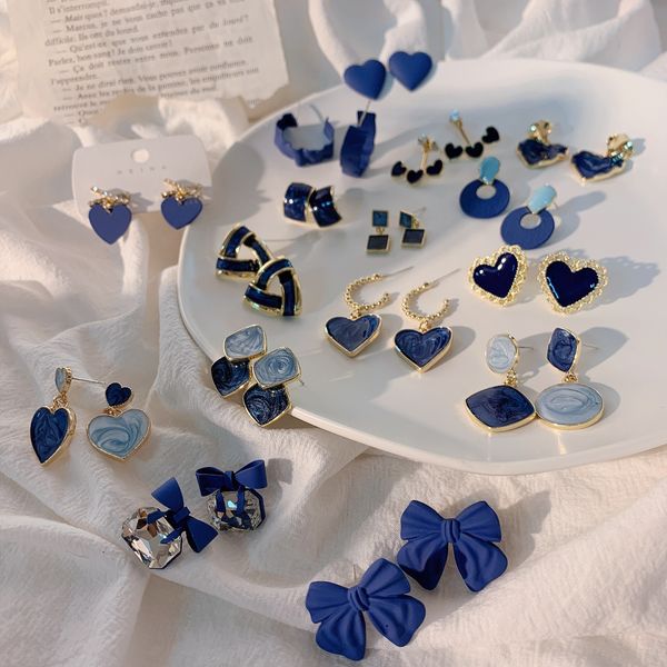 

royal blue stud earrings collection heart bow knot circle square geometric pure color crystal earrings for women jewelry, Golden;silver