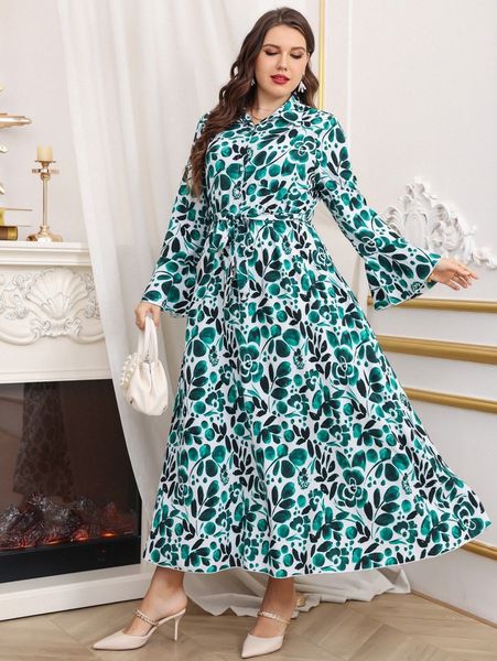 

plus floral print flounce sleeve belted shirt dress v8ea#, Black