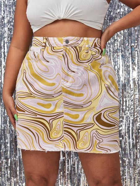 

plus marble print slant pocket denim skirt t37t#, Black