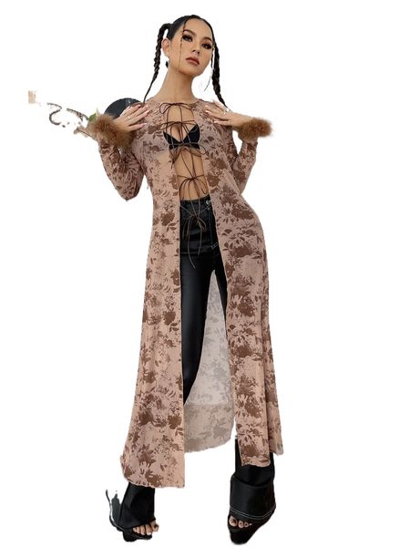 

floral print tie front fuzzy cuff mesh without bra q3kf#, White