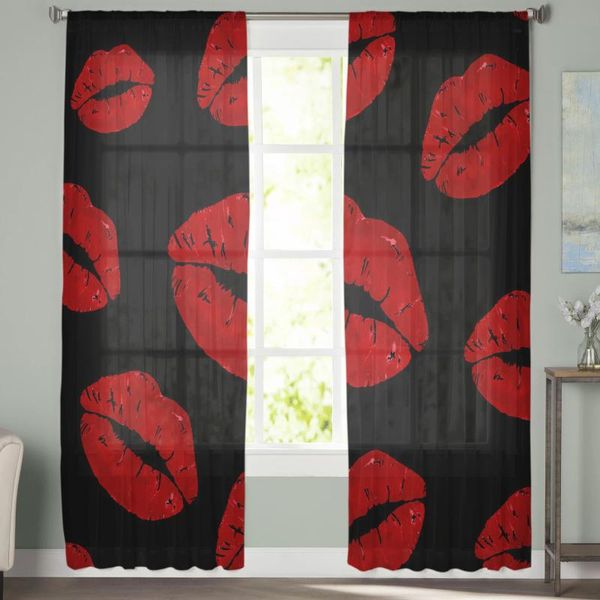 Cortina cortina cortina de tule de lábio vermelho, cortinas de tule sexy para a sala de estar decoração de luxuoso Voile Sheer KitchenCurtain