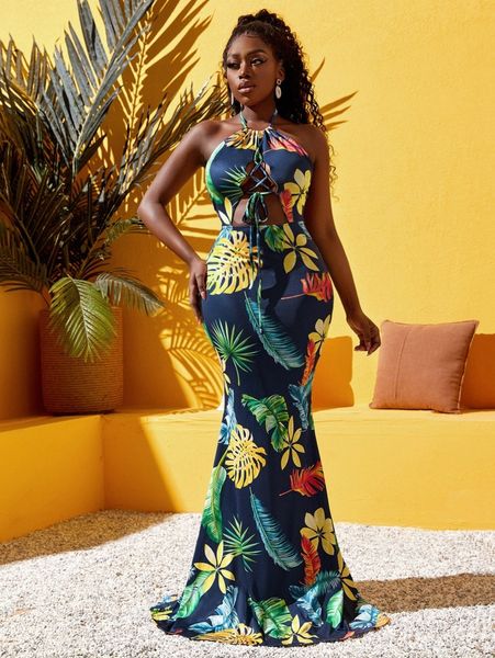 

sxy tropical print cut out lace up mermaid hem halter dress s9nk#, Black;gray