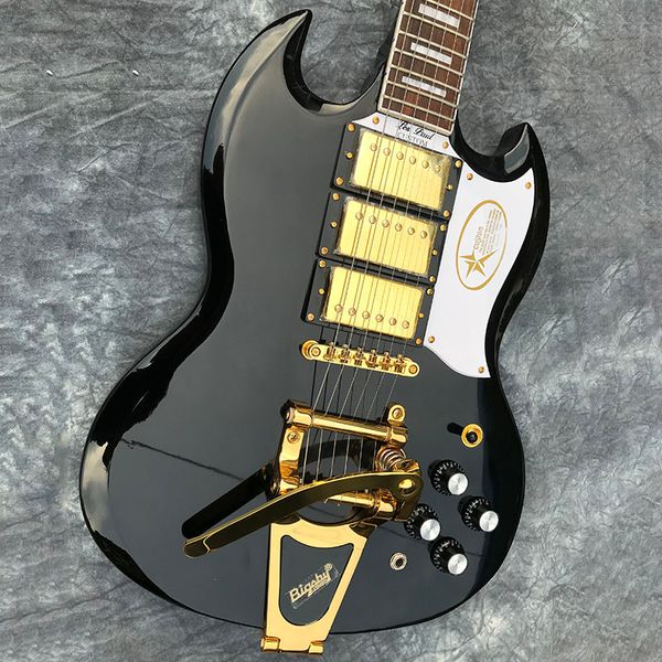 

chinese electric guitar black color s g gold hardware 3 pickups big sby tremolo custom