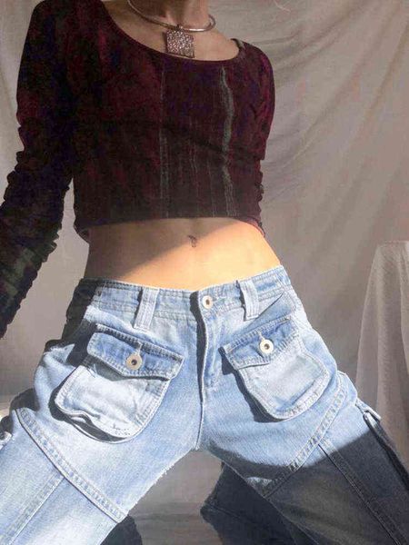 

women's jeans suchcute harajuku pocket up women cargo jeans korean fashion low rise streetwear denim trousers harajuku vintage y2k bagg, Blue