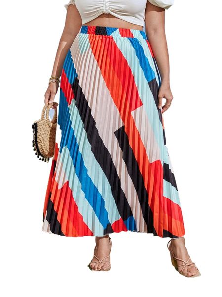

plus geo print pleated skirt l0yh#, Black