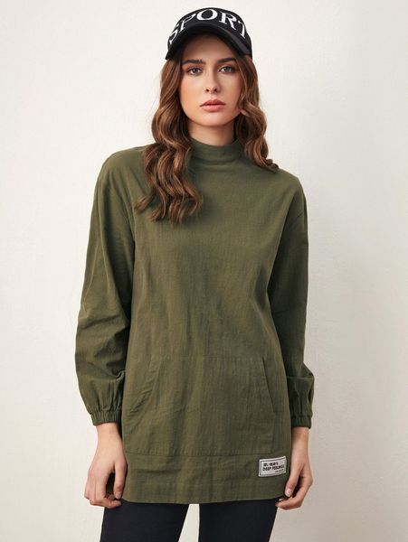 

japanese letter patched detail mock neck lantern sleeve kangaroo pocket blouse n668#, White