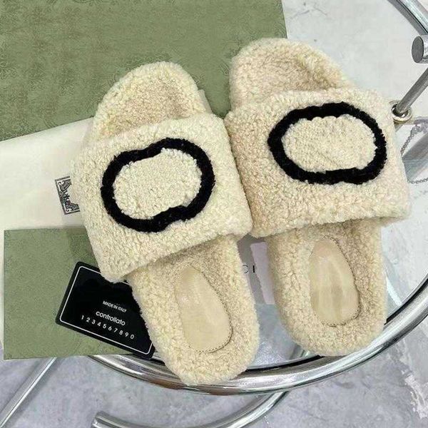 

designer women print lambswool slipper italy brand fur woolen plush slides lambskin sandals flat heel slippers home loafers sandal luxurys, Black