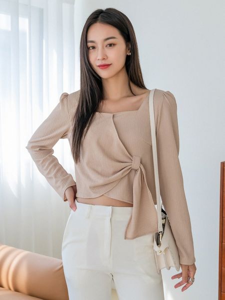 

dazy square neck puff sleeve draped side crop blouse o6so#, White