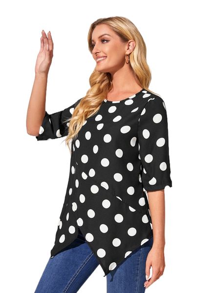 

emery rose polka dot print hanky hem blouse w7st#, White