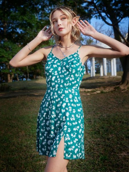 

romwe ditsy floral split hem cami dress 49f3#, Black;gray