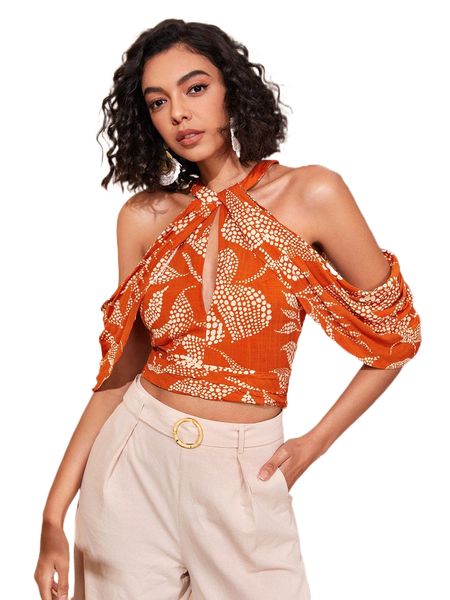 

polka dot cold shoulder cut out crop blouse 519s#, White