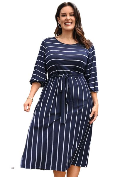 

emery rose plus striped belted dress m3cr#, Black